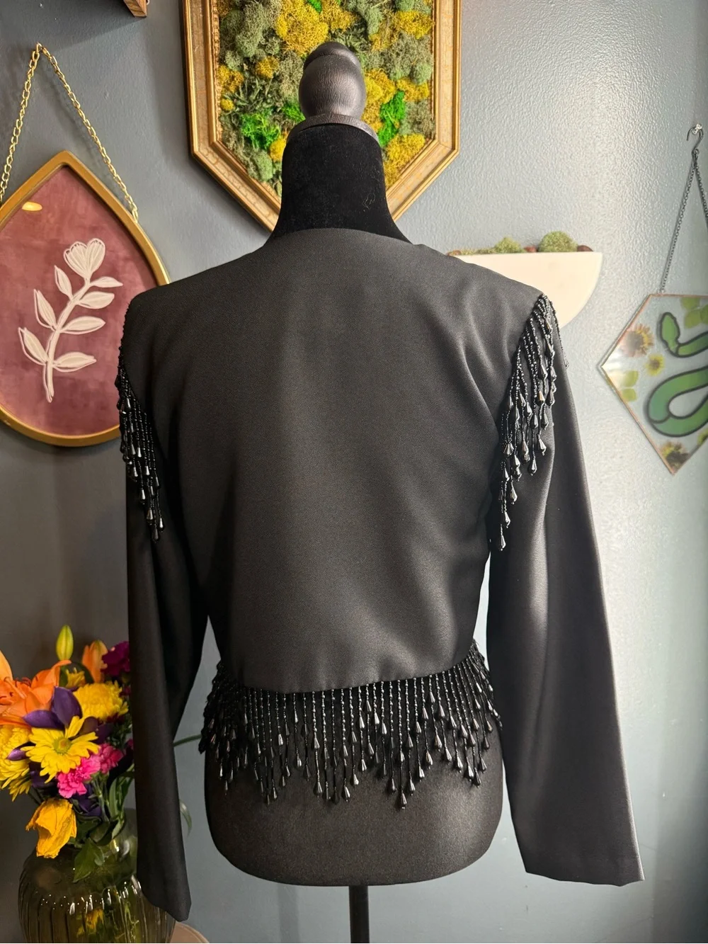 Vintage Alex Evenings Black Beaded Fringe Open-Front Blazer - Picture 4 of 5